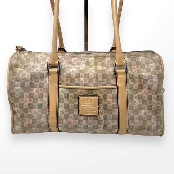 00s Y2k LIZ CLAIBORNE Vintage Tan Cream Monogram Barrel Shoulder Bag - Picture 2 of 11